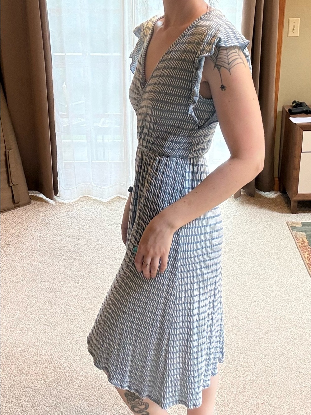 Flutter Sleeve Wrap V-Neck Tie Blue Midi Dress